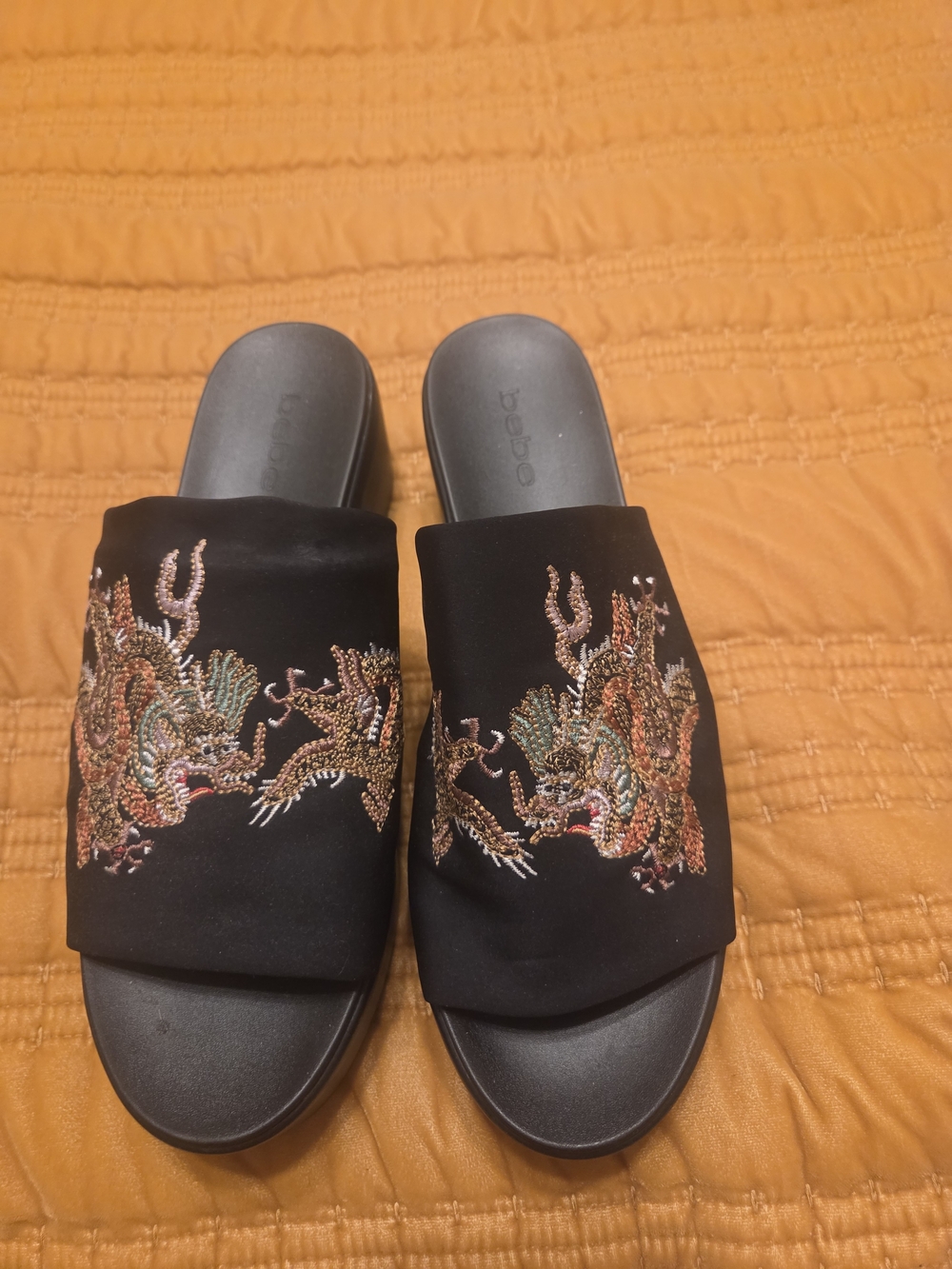 bebe Black Dragon Embroidered Slide Sandals